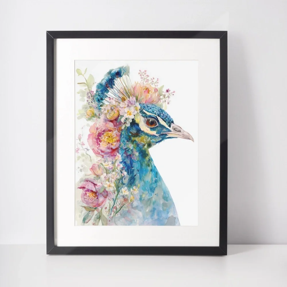 Watercolor Floral Peacock Wall Art Illustration Print Poster Card Unframed - Picture 2 of 9